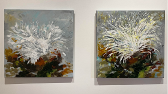 Two canvases featuring Bianca Currey's artworks