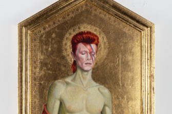 Giles Alexander, ‘24 karat Bowie Relic’, 2025. Handmade rabbit skin glue, gesso, bole, 24 karat gold and oil paint on birch panel in the trecento Sienese manner + handmade water gilded frame. 55 x 37 cm. Photo credit - Giles Alexander.
