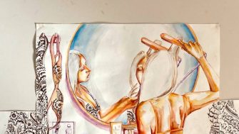 painting of a woman brushing her hair looking in mirror