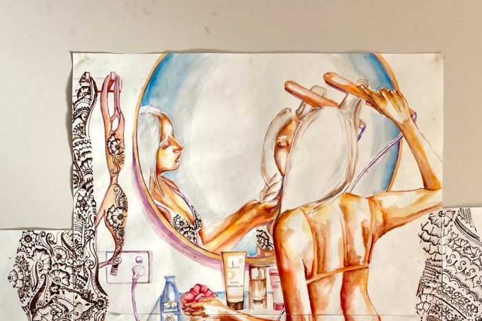 painting of a woman brushing her hair looking in mirror