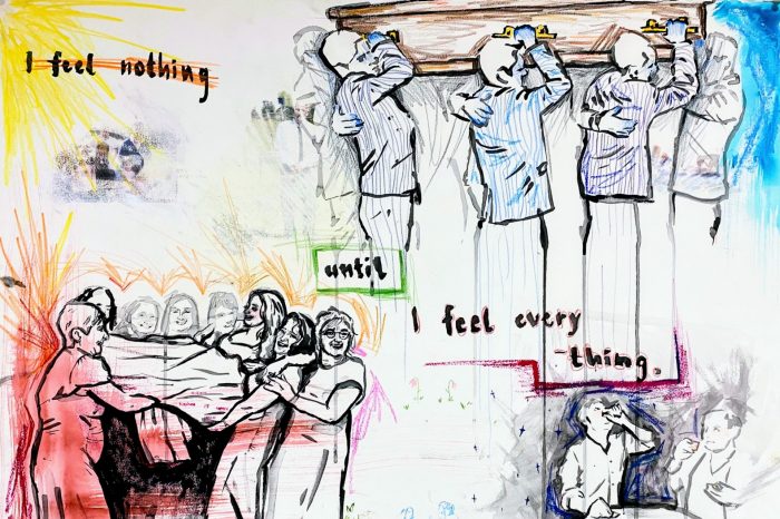 Jess Curran, 'Sinless confessional (I feel nothing until I feel everything)', Ink, watercolour, coloured pencil, oil pastel, graphite, soft pastel, acrylic paint, acetone, acrylic, mod podge and oil pastel transfers on Canson edition paper, 9 sheets of paper, 56 x 70cm unattached (approx. 220 x 180 cm installed).