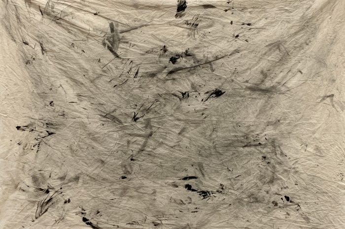 Lucy McLauchlan, 'Fighting for that mark' 2024, Charcoal powder, acrylic on cotton fabric and three photo prints, 152cm x 200cm, 15cm x 20cm. 