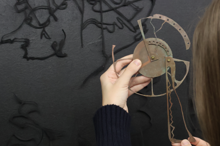 Tia Madden, 'Cyphers' 2024, Ballpoint-pen on paper, hand-sawed patinated copper, hand-cut paper, plywood, black wall paint, 110cm x 60cm.