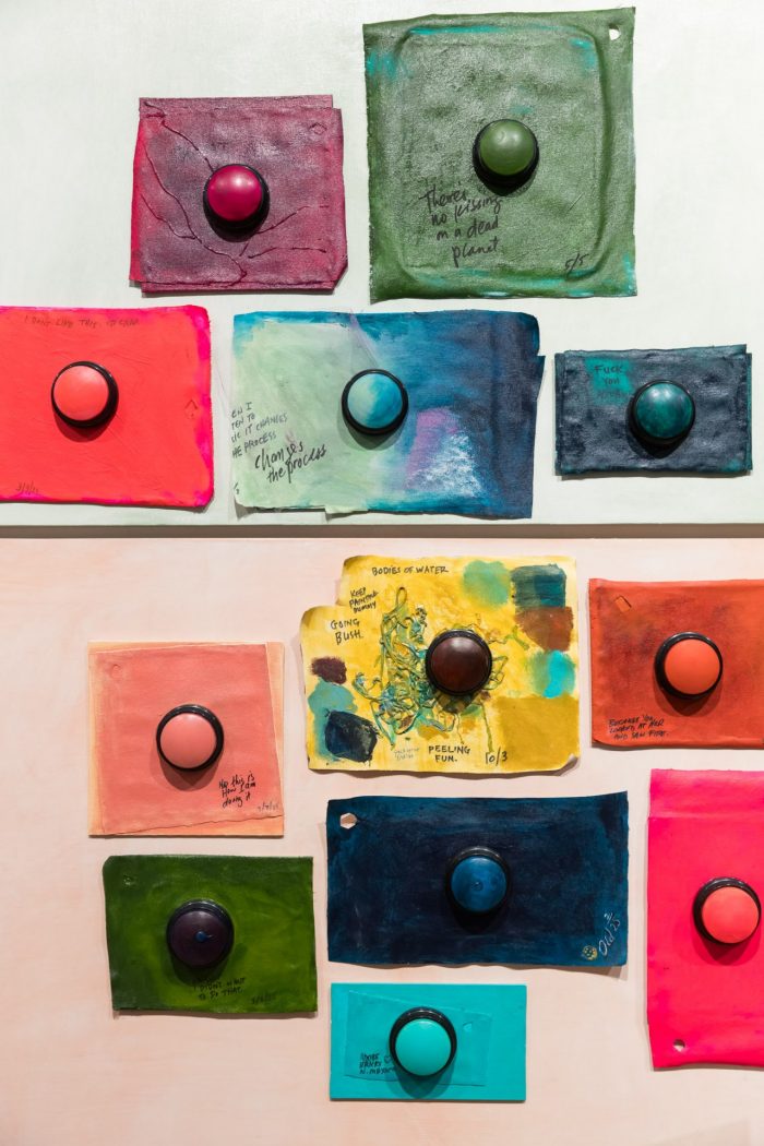 Aarhon Silver, 'Feeling anxious? ...there that's better' 2025. Acrylic on canvas, print on canvas, sound buttons on canvas/board; Painting: 192 x 178cm; 2 wood panels: 120 x 90cm; Plinth: 20 x 20 x 100cm.