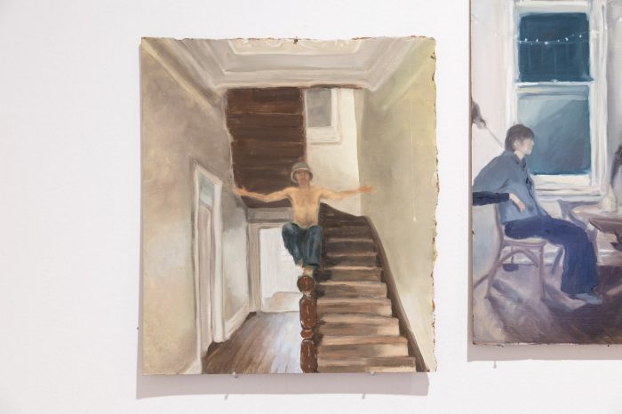 Grace Milross, 'Housewarming' 2025. Oil on board; 3 paintings: 33 x 38cm, 40 x 43cm, 27 x 36cm.  
