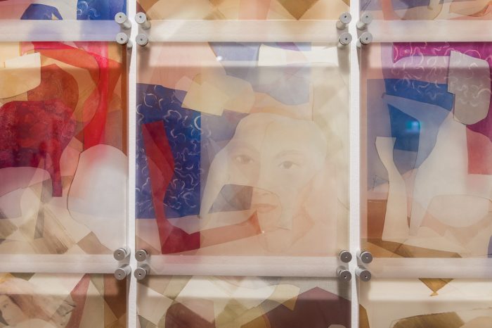 Joanna Murray, ‘Windows’ 2025. Oil painting and digital art on acrylic sheets; 9 acrylic sheets: 34.9 x 34.9cm each.