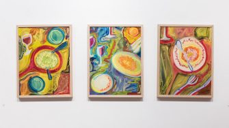 Molly Webster, ‘The Whole Feast’ 2025. Oil paint and pastels; 3 paintings: approx. 45 x 61cm each.
