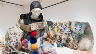 Rebecca Mansour, ‘The final bow’ 2025.  Wood, chicken wire, canvas drop cloth, paint, yarn, fabric, junk, 2.3 x 2.3m.
