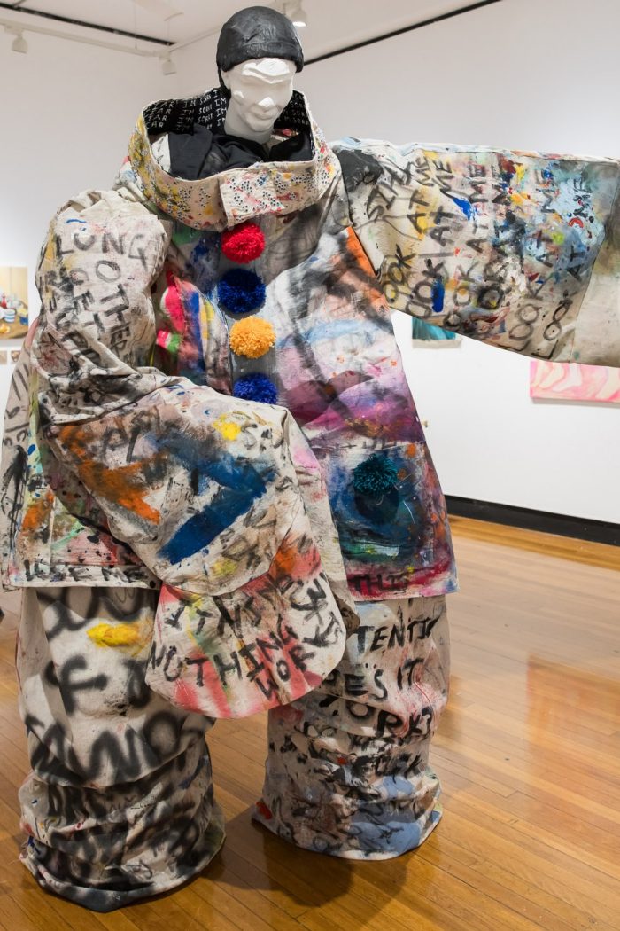 Rebecca Mansour, ‘The final bow’ 2025.  Wood, chicken wire, canvas drop cloth, paint, yarn, fabric, junk, 2.3 x 2.3m.
