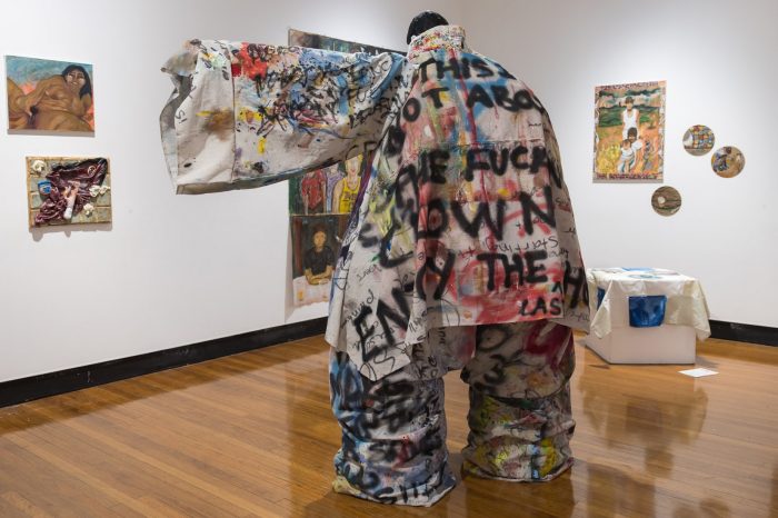Rebecca Mansour, ‘The final bow’ 2025.  Wood, chicken wire, canvas drop cloth, paint, yarn, fabric, junk, 2.3 x 2.3m.