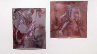 Skye Wallace, ‘Intrapersonalities’ 2025. Oil, pencil & pastel primer on loose canvas; 2 paintings: ‘Emergence’, approx. 119 x 105cm, ‘Misbehaviour’, approx. 108 x 110cm.