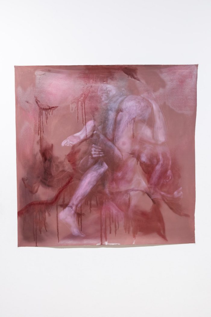 Skye Wallace, ‘Intrapersonalities’ 2025. Oil, pencil & pastel primer on loose canvas; 2 paintings: ‘Emergence’, approx. 119 x 105cm, ‘Misbehaviour’, approx. 108 x 110cm.