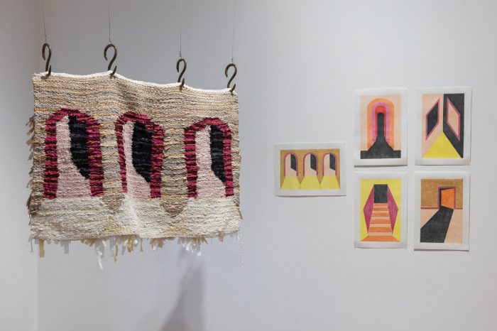 Mia Hayward, ‘Within those two lines, there is a threshold’ (2025). Bed sheets, ceramic, cotton thread, coloured pencil on paper, 179.4cm x 84cm. Photograph: Anna Kucera.