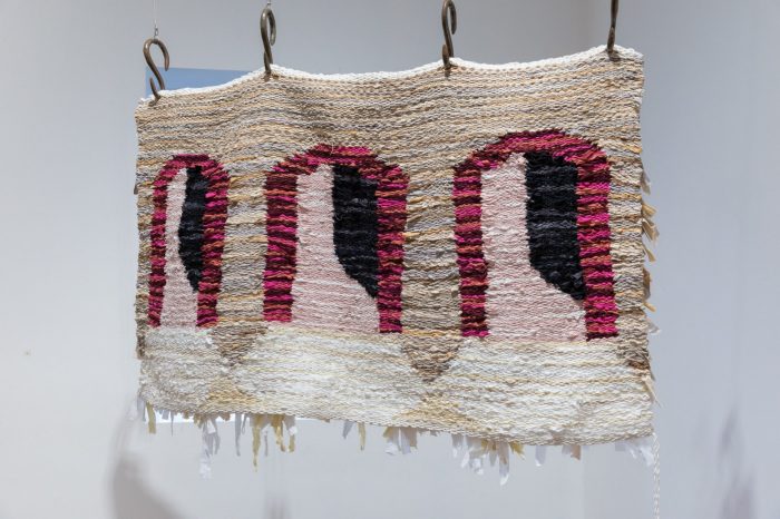 Mia Hayward, ‘Within those two lines, there is a threshold’ (2025). Bed sheets, ceramic, cotton thread, coloured pencil on paper, 179.4cm x 84cm. Photograph: Anna Kucera.