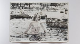 Payal Khanna, ‘Hippie Girl’ (2025). Graphite and soft pastel on sanded (vertically) cotton paper; 4 panels, A2 each, arranged 2×2 grid, 118.9cm × 84.1cm. Photograph: Anna Kucera.