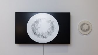 Eva Nolan, ‘Erasure’ (2021). Graphite pencil on paper, acrylic round, 32cm x 32 cm; 4k digital animation. Photograph: Anna Kucera.