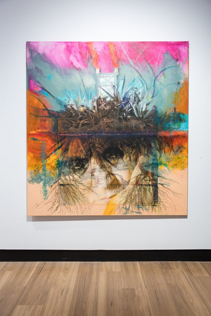 Aarhon Silver, Excerpt from: ‘Feeling Anxious, There That's Better’ (2025). Acrylic on stretched canvas, ink, digital print on canvas assemblage, 178cm x 192cm. Photograph: Anna Kucera. 