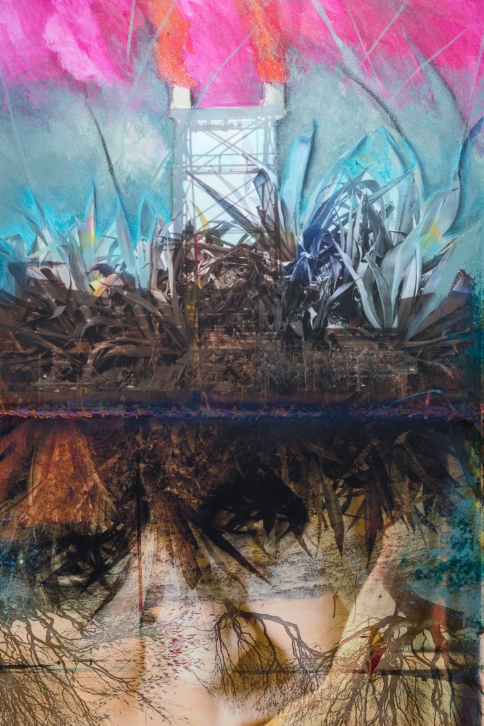 Aarhon Silver, Excerpt from: ‘Feeling Anxious, There That's Better’ (2025). Acrylic on stretched canvas, ink, digital print on canvas assemblage, 178cm x 192cm. Photograph: Anna Kucera. 