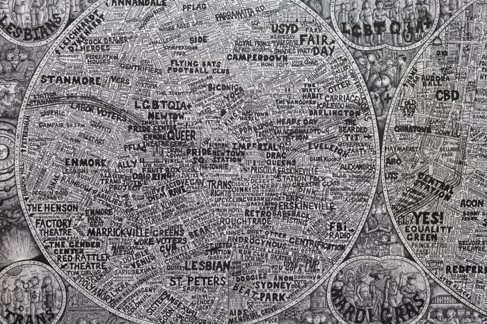 Jeremy Smith, ‘Gaybourhood Bubbles of Sydney’ (2023 - 2025). Pen on paper, 110cm x 224cm. Photograph: Anna Kucera.