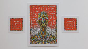 Chelsea Kee Yii Wong, ‘Visitation from a march of curious insects’ (2025). Black fine line pen, colour pencil on white 200 gsm paper, 3 panels: 59.4cm x 42cm, 23cm x 23cm, 23cm x 23cm. Photograph: Anna Kucera.