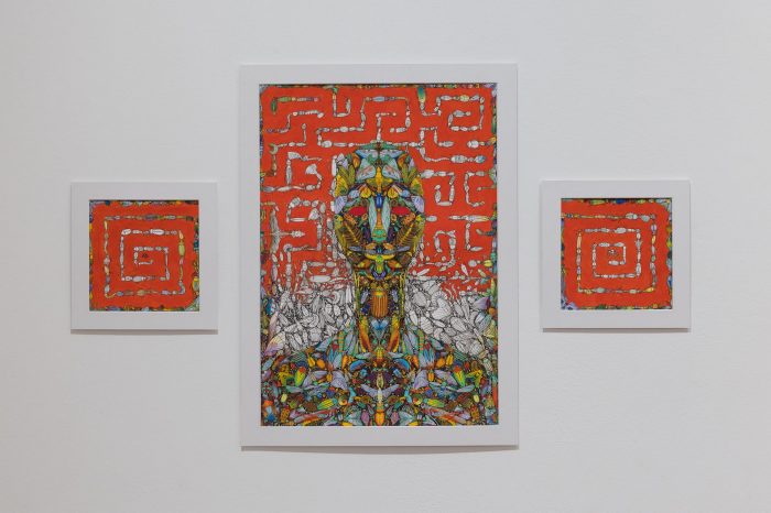Chelsea Kee Yii Wong, ‘Visitation from a march of curious insects’ (2025). Black fine line pen, colour pencil on white 200 gsm paper, 3 panels: 59.4cm x 42cm, 23cm x 23cm, 23cm x 23cm. Photograph: Anna Kucera.