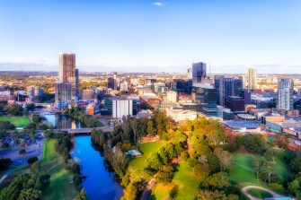 High-rise towers of Parramatta city CBD in Sydney WEst - aerial view towards city CBD.