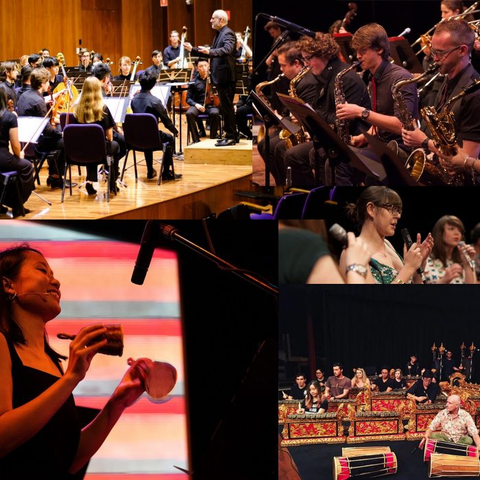Student playing handbells, Music Orchestra, Saxophone Ensemble and Gamelan