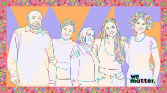 Five people standing together, their arms around each other.