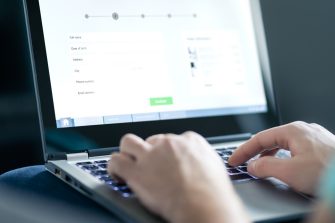 Information form to shop online, order product or buy service. Personal info in survey or questionnaire. Registration, application reservation on web site. Person typing with laptop. GDPR and security