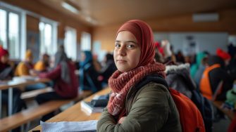 Refugees participating in a skills training program, expressions of concentration and hope, focus on empowerment and future employment, indoor setting with educational materials and tools