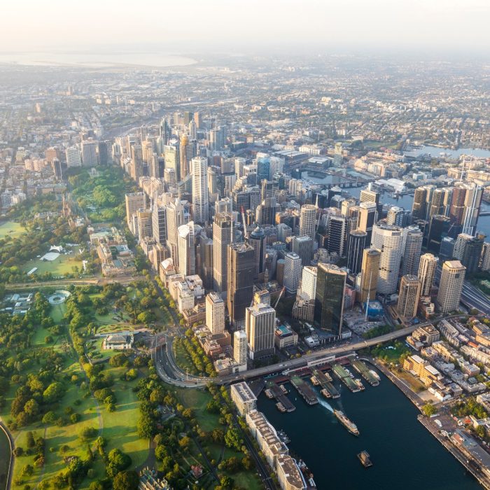 Sydney Harbour city scape central business district from air
