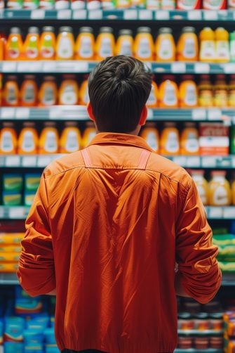A man standing in a supermarket aisle, intently focused on the shelves. A moment of contemplation and decision-making. Concept of inflation crisis.