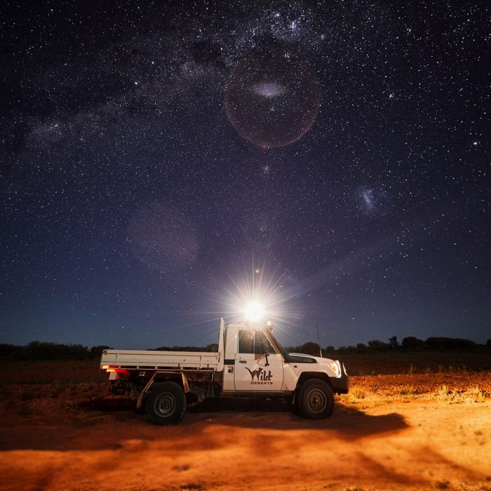 A white ute with 'Wild Deserts' logo under a starry night sky. Reece shines a spotlight from the ute into the distance.