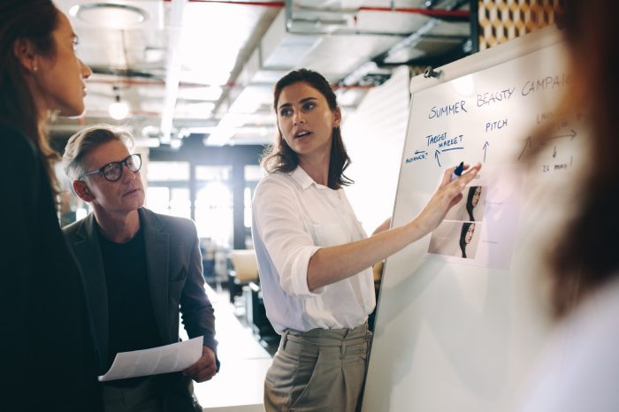Businesswoman at whiteboard in brainstorming meeting. Woman giving presentation over new advertising project to colleagues in office.