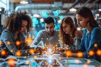 A group of diverse young professionals work together on a project, using a variety of digital tools and resources. They are all wearing casual clothing and are engaged in their work. The image is well-lit and has a modern feel. It is an ideal image for an advertisement for a tech company or a job posting. AIG535