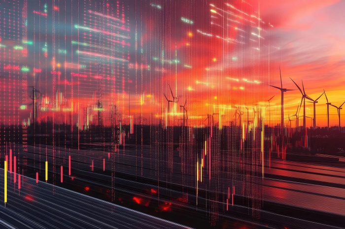 Renewable Energy Trading Sunset Landscape with Data Overlay Showing Wind Turbines and Solar Panels