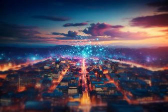 AI generated abstract image of a city at dusk with a glowing neural network overlay