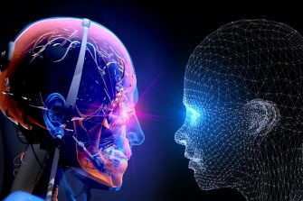 Graphic showing two heads facing each other