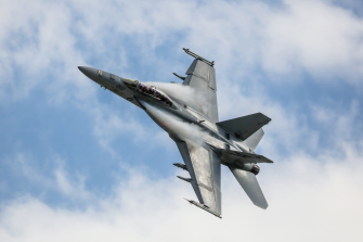 MELBOURNE, AUSTRALIA - MARCH 25: An Royal Australian Air Force FAA18F Super Hornet performs in a public display above Melbourne on March 25, 2017