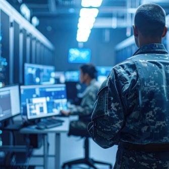 Military personnel in a high-tech server room monitoring data representing cyber security, defense intelligence, digital warfare, and national security infrastructure.