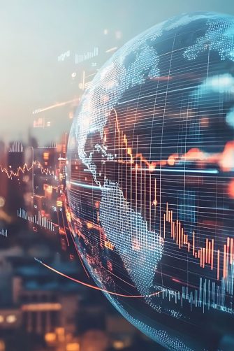 A digital globe overlay with financial graphs, set against a vibrant city skyline