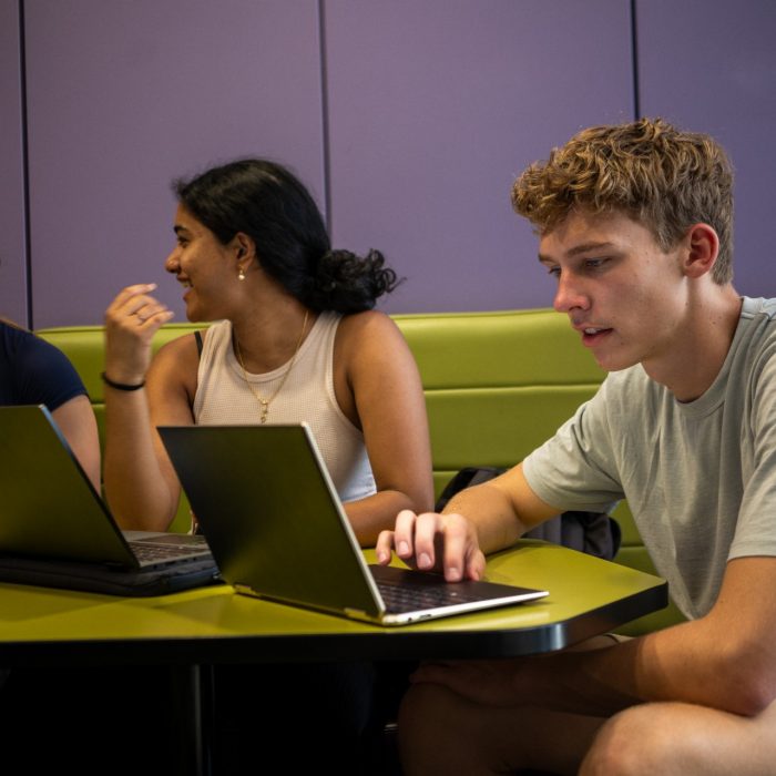 A group of students using laptops while studying indoors on UNSW Kensington Campus