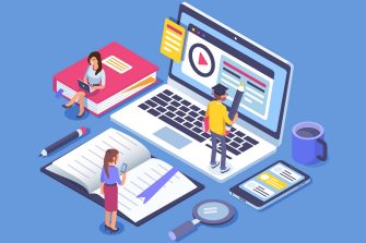 Online education concept banner with characters. Can use for web banner, infographics, hero images. Flat isometric vector illustration isolated on white background.