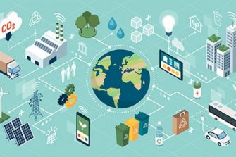 Cartoon of difference services and technologies connected to the Earth