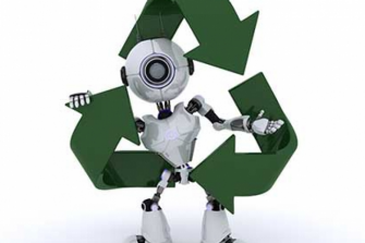 A white robot with a recycling symbol around them