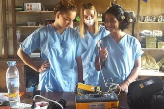 A group of three students performing an experiment