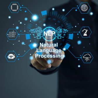 Software developer pointing on virtual screen to NLP or natural language processing interfaces to communicate with machines learning and data transfer through applications