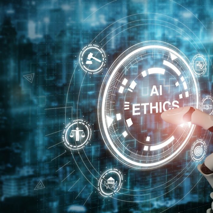 AI ethics or AI Law concept. Developing AI codes of ethics. Compliance, regulation, standard , business policy and responsibility for guarding against unintended bias in machine learning algorithms. 