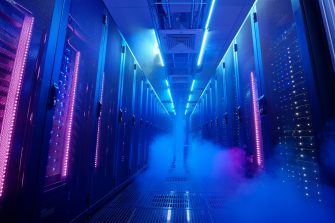 Data center with a cooling mist system, fine water vapor helping to maintain optimal temperatures around servers.