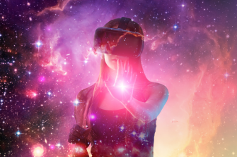 Neon gamers,virtual reality, girl in vr helmet in space galaxy, woman playing video game in glasses,Element of the image provided by NASA